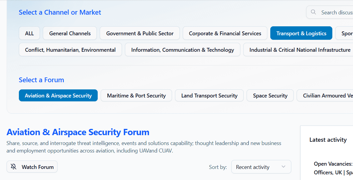 Forum channels and markets selection interface